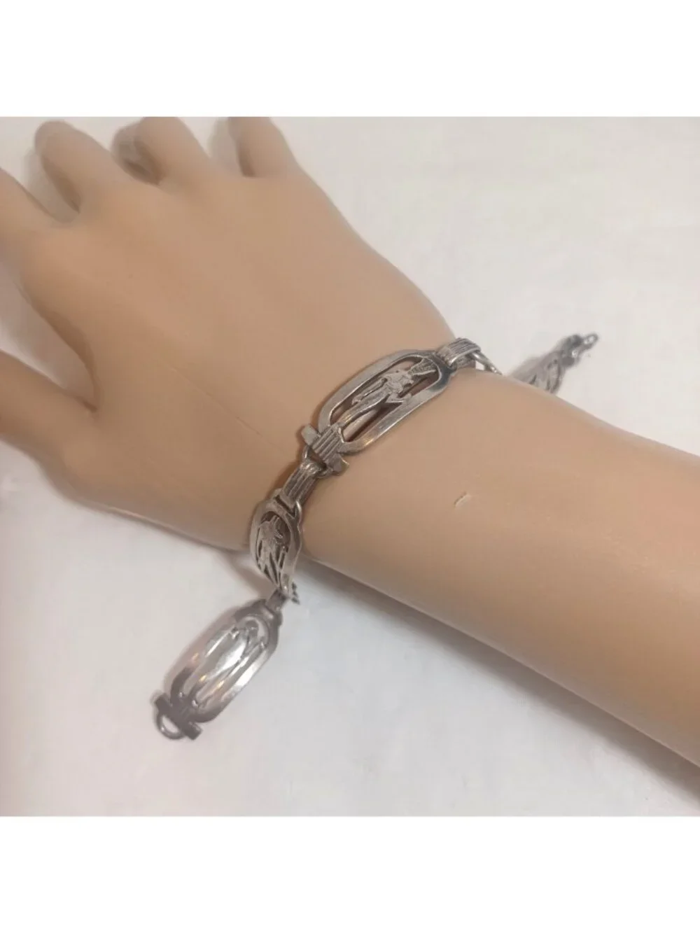 925 Sterling Silver Vtg Egyptian Hieroglyphic Storyteller Panel Link Bracelet